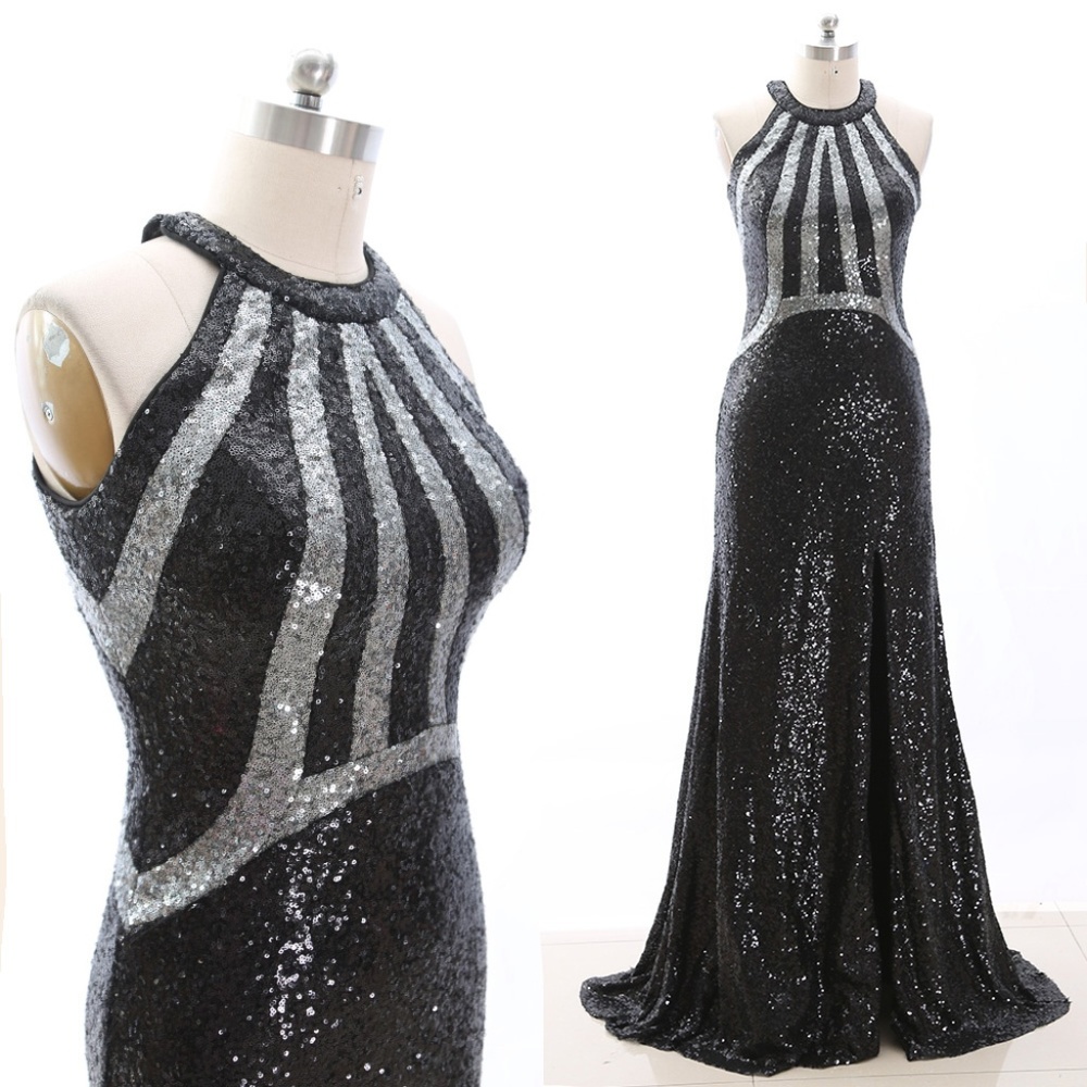 Black Sequin Embellished Halter Gown